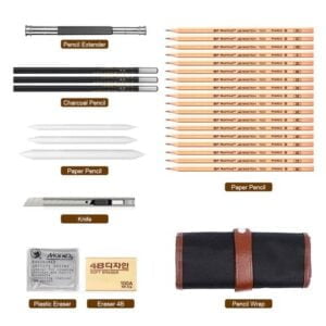 Ensemble de crayons à croquis : kit de 18 pièces avec sac en rouleau de toile et outils haut de gamme